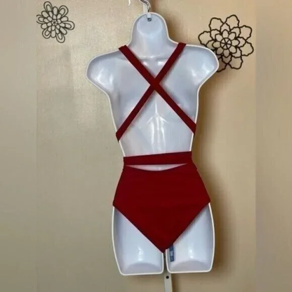 Cupshe Women One Piece Swimsuit Medium Red V-Neck Crisscross Back High Waist - Picture 4 of 9